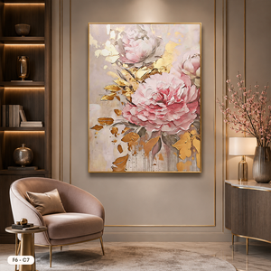 Impresión artística moderna en lienzo floral, decoración de pared enmarcada con detalles en oro y peonías rosas, F6-C7 - Product Image 6