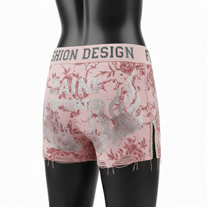 Shorts de mujer de alta calidad, tela de malla transparente con estampado de rosas, cintura suave rosa, logotipo personalizado con estampado térmico. - Product Image 5