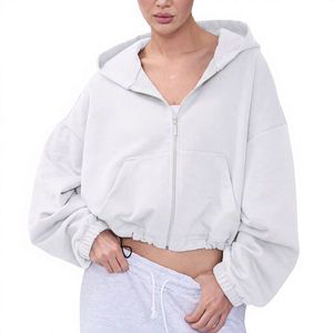 Sudadera con Capucha Oversize Corta con Cremallera, Manga Murciélago, Diseño de Bolsillo de Color Liso, Unisex, de Felpa Francesa, para Otoño - Product Image 6
