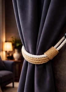 <b>Curtain</b> Holdback – Handmade Jute & Cotton Rope <b>Curtain</b> Tieback – Optional Black Wrought Iron <b>Hook</b> - Product Image 2