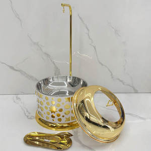 Round Stainless Steel Chafing Dish <b>Buffet</b> Food Warmer Gold Finish Ornate Pillar Stand Glass Lid Wedding Catering <b>Server</b> - Product Image 4