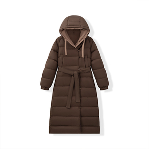 Manteau d'hiver long élégant pour femmes, style coréen, entièrement noir et marron, avec duvet, imperméable et col à capuche - Product Image 1