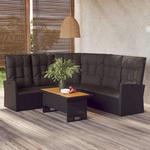 Sofá Esquinero de Jardín de Poliratán Negro, Acero con Recubrimiento en Polvo y Tela de Poliéster, Elegante Asiento para Exteriores - Product Image 1