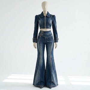 <b>Women</b> <b>Blue</b> Denim Jacket and <b>Jeans</b> Set Two Piece Casual Summer Y2K Straight Leg - Product Image 3
