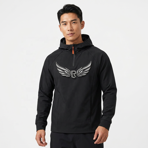 Men's <b>Black</b> Hooded Quarter Zip <b>Sweatshirt</b> Regular Fit Fleece Long Sleeve Casual Autumn Wear - Product Image 4