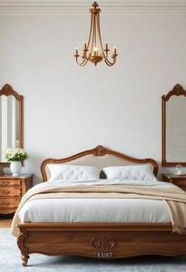 Mahogany wood <b>bed</b> set with light brown finishing color with <b>padded</b> headboard for bedroom,indoor use - Product Image 5