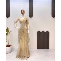 Sari de soirée LG Designer en beige avec travail de sequins, taille naturelle, non cousu, pour tenue de soirée