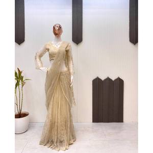 ชุดผ้าส่าหรีสีเบจสำหรับงานปาร์ตี้ชุดราตรีออกแบบโดยดีไซเนอร์ - Product Image 2