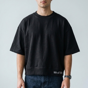 Camiseta de hombre negra oversize con cuello redondo, manga corta, corte relajado, dobladillo acanalado, estilo casual urbano - Product Image 2