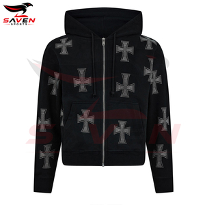 Sweat à capuche zippé personnalisé pour homme, noir, avec motif en strass, en coton épais, coupe ample, style streetwear, effet diamant scintillant, en molleton - Product Image 4
