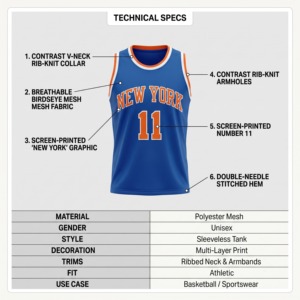 Maillot de basketball unisexe personnalisé en Spandex/Polyester, sublimé, à rayures fines, sans manches, col ajusté, uniforme de basketball OEM - Product Image 4