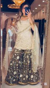 Custom <b>Women</b> Off White Silk Short <b>Kurta</b> Dark Brown Floral Embroidery Gharara Scalloped Dupatta - Product Image 5