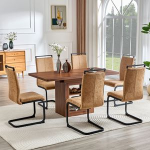 Set Tavolo da Pranzo Allungabile 59-71 Pollici con Piano in MDF Noce e 6 Sedie in Tessuto Tecnologico Marrone, Set per Sala da Pranzo - Product Image 1