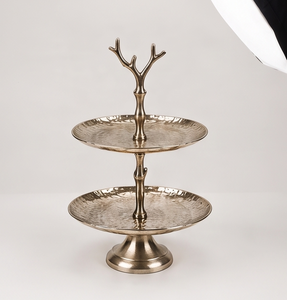 Modern Gold Metal 2 <b>Tier</b> <b>Cake</b> <b>Stand</b> Luxury Deer Antler Handle Hammered Dessert Display Cupcake Holder Table Decor - Product Image 4
