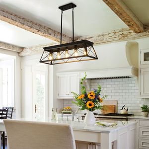 Lampadario a sospensione moderno da 32 pollici con gabbia in metallo, 5 luci, nero, stile industriale, regolabile per sala da pranzo e cucina - Product Image 1