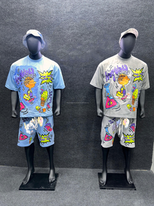 Unisex Summer Cotton T-Shirt Drawstring Shorts Set Acid Washed Reflective Streetwear Customized Screen Printing Men's Outerwear - Product Image 5