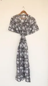 Vestido Kaftan Gris con Estampado de Bloques para Mujer, Cuello en V, Estilo Boho, Algodón, Cómodo, Holgado, Vestido Largo de Verano - Product Image 3