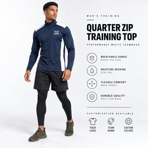 Men's Quarter <b>Zip</b> Training Top Regular Fit Breathable Quick Dry 100% Cotton Sporty Front Logo Stand Collar Eco-Friendly Pocket - Product Image 3