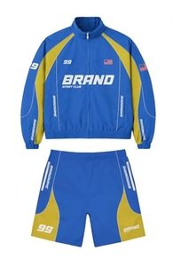 Survêtement unisexe bleu et jaune uni 2-en-1 léger en polyester/nylon, manches longues, demi-zip, short sportif avec poches latérales, séchage rapide - Product Image 4