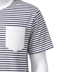 Camiseta a rayas para hombre con logotipo personalizado, bolsillo en contraste, 100% algodón, informal, de manga corta. - Product Image 4