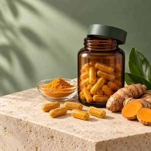 Capsules d'extrait de curcuma, curcumine, chlorophylle, vitamine C, complément alimentaire à base de plantes, qualité alimentaire, contenant en verre, végétarien, toutes saisons - Product Image 1
