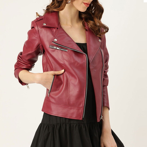 Chaqueta de Motociclista de Cuero Sintético Color Borgoña para Mujer, Cuello Alto, Manga Larga, Cierre de Cremallera, Estilo Otoñal, Corta - Product Image 2