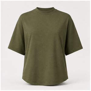 Camiseta Oversize de Cuello Alto y Manga hasta el Codo en Verde Oliva Oscuro para Mujer WTS-0024 - Product Image 1