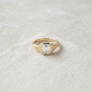 18k Gold Tone Emerald Cut Diamond Prong Setting Geometric Solitaire <b>Signet</b> <b>Ring</b> for <b>Women</b> Engagement - Product Image 4