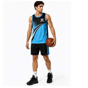 เสื้อบาสเก็ตบอลแขนกุดผู้ชายสีน้ำเงินดำ พิมพ์ลายแบบ Sublimation ระบายอากาศได้ดี รุ่นมาตรฐานสากล - Product Image 5