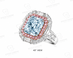 Masterpiece <b>cocktail</b> <b>ring</b> in 18K white <b>gold</b> with cushion cut fancy blue diamond halo of pink diamonds round and baguette diamond - Product Image 5