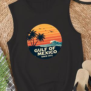 Camiseta sin Mangas de Punto Casual para Mujer con Logo Frontal, Diseño Retro del Golfo de México al Atardecer - Product Image 1