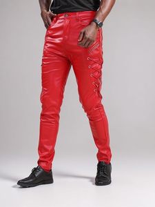 Pantalon skinny en cuir rouge gothique avec lacets latéraux, taille mi-haute, longueur complète, style disco, tenue de club - Product Image 3