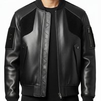 Blouson Bomber Homme en Cuir de Vachette Véritable Écologique Coupe-Vent Style Moto Col Rabattu Fermeture Éclair Noir Uni