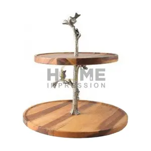 2 Tier Wooden & Metal Table Centerpiece Serving Food Safe Cake Stand