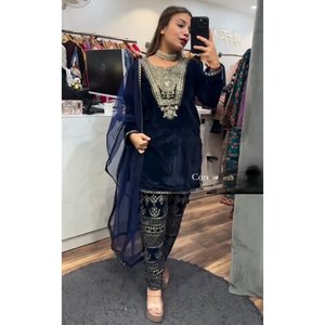 FANCY VISCOSA TERCIOPELO BORDADO TRABAJO FONDO SUPERIOR CON DUPATTA AZUL - Product Image 1