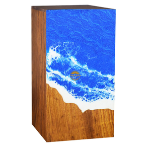 Urne funéraire artisanale en résine et bois motif vague océanique bleue, pour cendres, par AYAANS - Product Image 1
