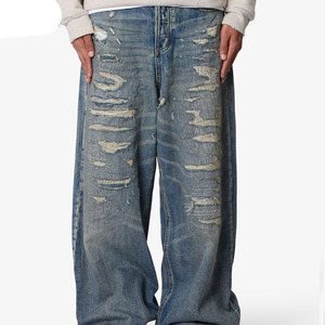 Jeans amples délavés style Y2K pour hommes, coupe droite, bleu clair, jambe large, en denim baggy - Product Image 1
