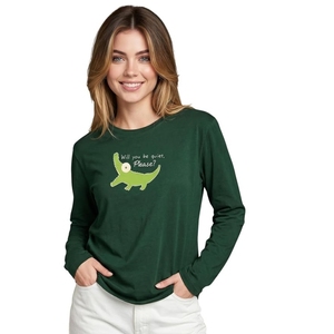 T-shirt vert à manches longues pour femme avec imprimé crocodile, col rond décontracté, motif dessin animé, 100 % coton, coupe classique - Product Image 1