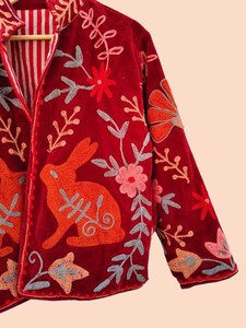 <b>Women's</b> Red <b>Velvet</b> Embroidered <b>Jacket</b> with Mandarin Collar and Rabbit Floral Pattern Rabbit Pattern <b>Jacket</b> <b>Women</b> Floral Embroid - Product Image 5
