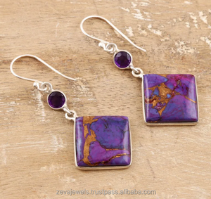 Pendientes colgantes cuadrados de plata 925, pendientes geométricos de cuarzo turquesa y amatista púrpura de cobre, joyería larga de declaración - Product Image 2