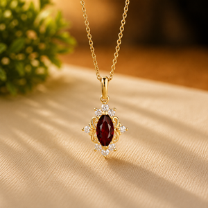 Plated Yellow Gold Pendant <b>Necklace</b> Marquise Red Gemstone Anniversary Floral Jewelry for Women - Product Image 1