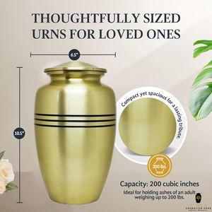 Urne funéraire en métal brossé doré pour adultes |   Bandes noires au design classique |   Mémoireurale écologique durable de 220 pouces cubes - Product Image 4