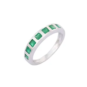 畅销产品正品天然方形祖母绿半永恒戒指925纯银可堆叠戒指精美珠宝