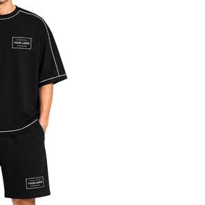 Black Mens Oversized <b>T</b> <b>Shirt</b> And Shorts Set Custom Logo Contrast Stitching Crew Neck Casual Streetwear Summer Two Piece Outfit - Product Image 4