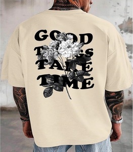 Les Bonnes Choses Prendent du Temps T-shirt Homme Oversize Imprimé Floral Style Urbain Manches Courtes Col Rond Coton Jersey Beige - Product Image 4
