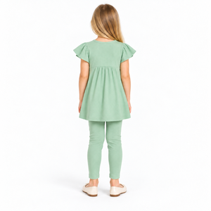 Conjunto de Dos Piezas Casual para Niñas, Primavera, Cuello Redondo, Verde Menta, Manga Corta, Túnica y Leggings, Tela Suave Acanalada, Venta al Por Mayor - Product Image 5