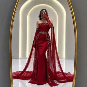 Vestido de Noche Rojo de Lujo Estilo Sirena para Mujer |   Vestido de fiesta de satén sin tirantes con adornos de cristal y mangas largas tipo capa, estilo bodycon. - Product Image 1