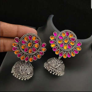 Floral Oxidised Big Drop Jhumka Earrings with Pearl Gold Plated Zinc Alloy for Wedding - Product Image 1