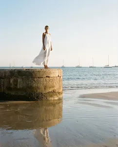Robe longue décontractée pour femme en mélange de lin blanc uni, sans manches, pour l'été, la plage et les vacances, coupe ample - Product Image 2