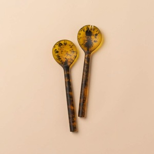 Ensemble de couverts à salade en résine écologique marron ambré, motif marbré, cuillère et fourchette à salade pour la maison, les fêtes et les hôtels - Product Image 4